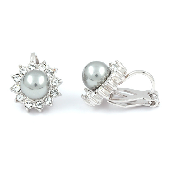 Gray Faux Pearl with Austrian Crystals on White-Gold-Plated...