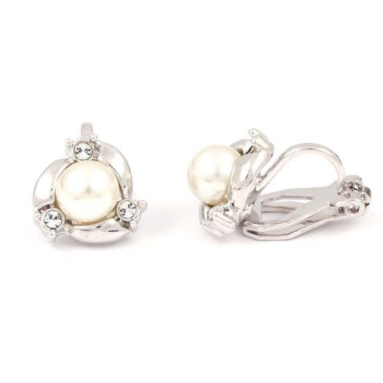 Simulated pearl with Austrian crystal white gold plated clip on earrings with gift box