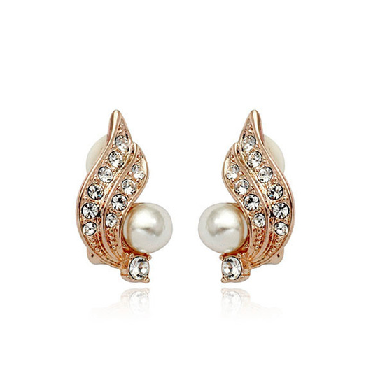 Simulated pearl with Austrian crystal gold plated wing clip on earrings with gift box