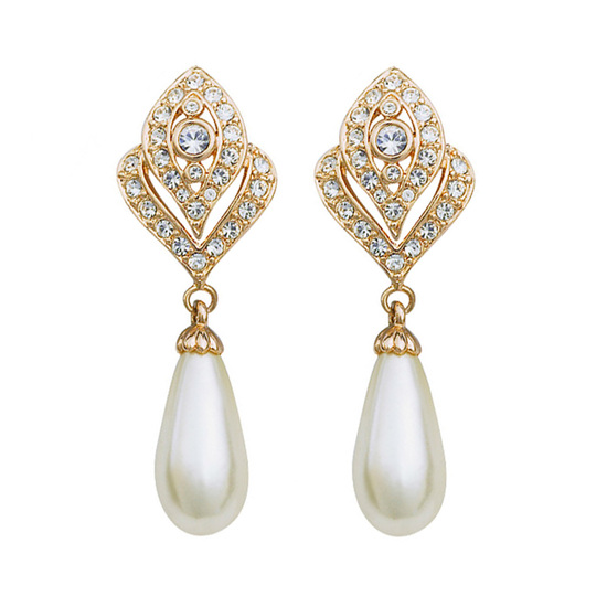 Bridal teardrop simulated pearl with Austrian crystal gold plated drop clip on earrings with gift box
