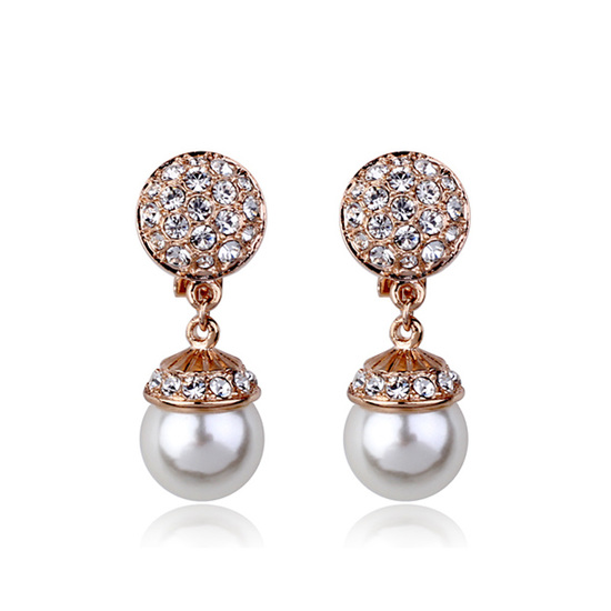 Round white simulated pearl with Austrian crystal gold plated drop clip on earrings with gift box