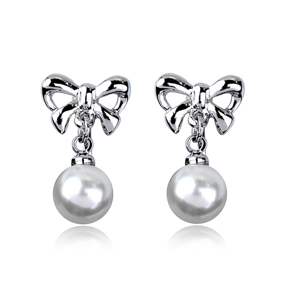  Bridal simulated pearl with white gold plated bow drop clip on earrings with gift box
