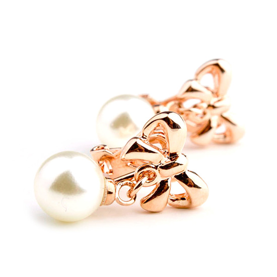  Bridal round simulated pearl with gold plated bow drop clip on earrings with gift box