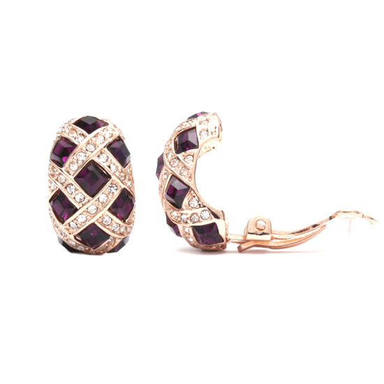 Rose Gold Plated Simulated Amethyst Cubic Zirconia with Clear Austrian Crystal Diamond Shaped Woven Clip on Earrings