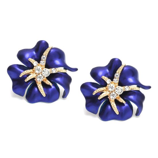 Blue Hibiscus Flower With Crystals Screw Back Clip On Earrings