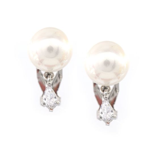White Round Shell Pearl With CZ Silver-tone Clip-on Earrings
