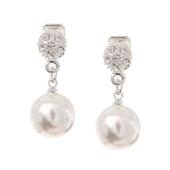 White Round Faux Pearl with Crystal Silver-tone Drop Clip-on Earrings