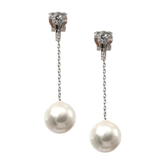 White Round Shell Pearl With CZ Silver-tone Dangle Clip-on Earrings