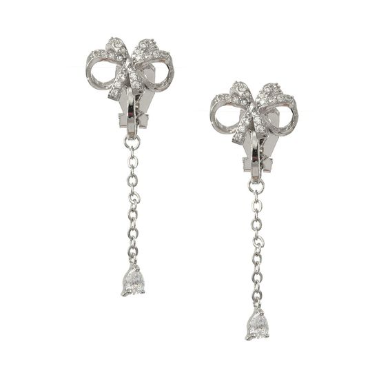 Silver-tone Diamante Bow With Cubic Zirconia Dangle Clip-on Earrings