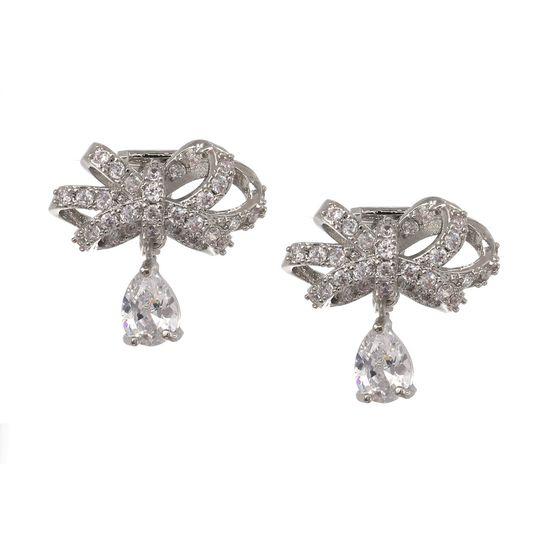 Silver-tone Diamante Bow With Cubic Zirconia Drop Clip-on Earrings