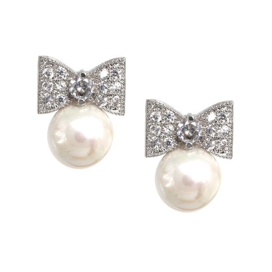 Diamante Bow CZ with White Round Shell Pearl Silver-tone Clip-on Earrings