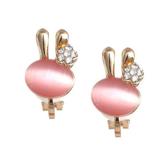 Pink Simulated Cat Eye Bunny With Crystal Bow Clip-on Earrings
