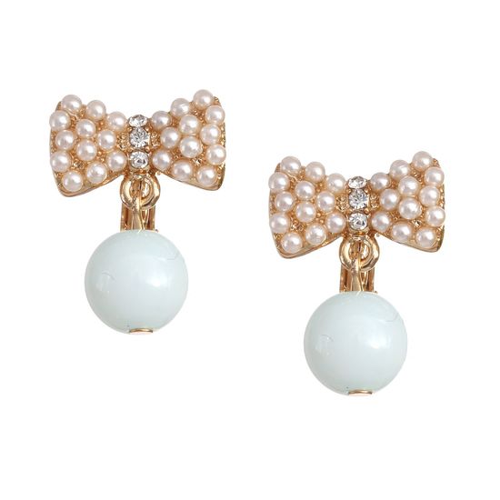 Cluster Faux Pearl Crystal Bow with Blue Bead Drop Screw Back Clip-on Earrings