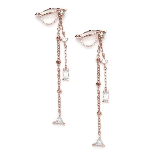 Rose Gold-plated CZ Double Chain Drop Clip-on Earrings