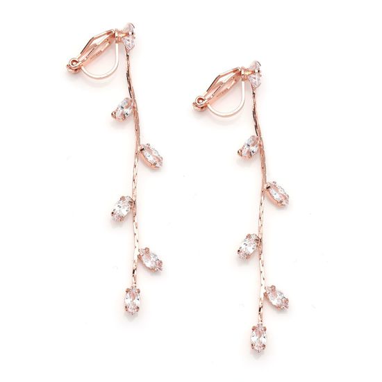Rose God-plated Cubic Zirconia Leaf Drop Clip-on Earrings