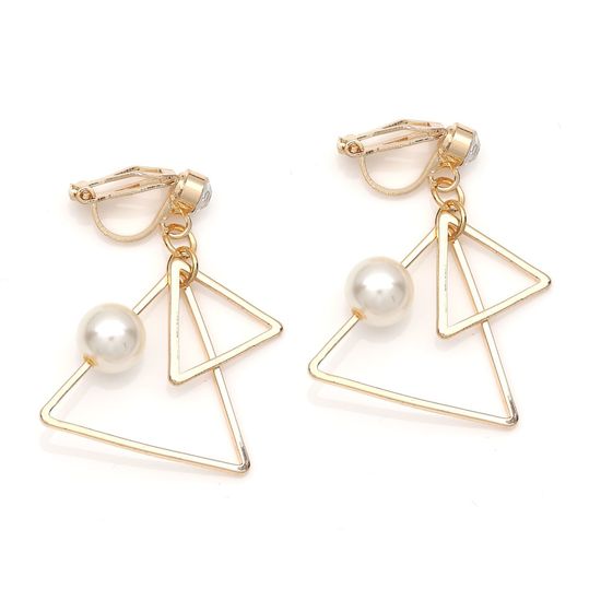 Gold-tone Double Triangle with Fuax Pearl & Crystal Drop Clip-on Earrings