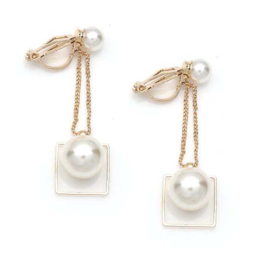 Gold-tone Chain with White Faux Pearls and Square...