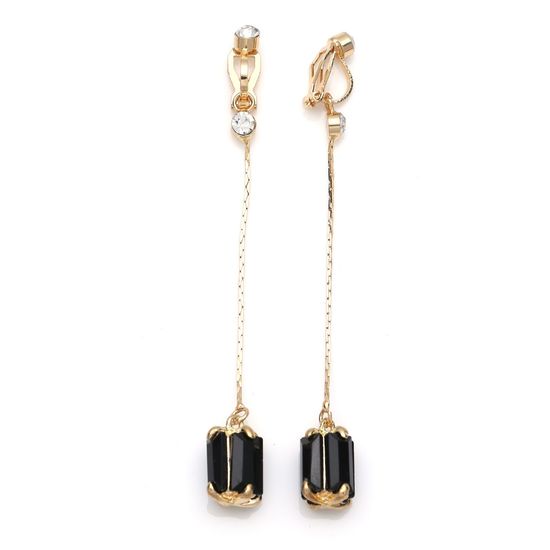 Gold-tone Chain with Black Dangle Glass & Crystal Clip-on Earrings