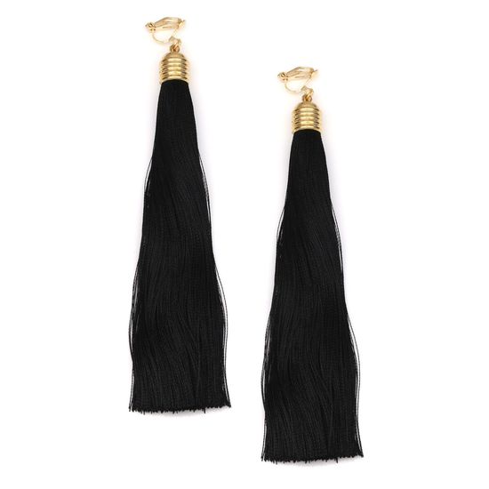 Black Thread Tassel Gold-tone Drop Clip-on Earrings
