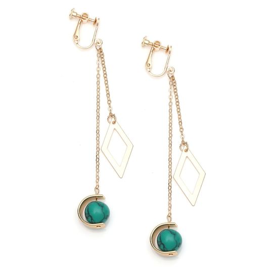 Gold-tone Double Chain with Diamond Shape and Turquoise Bead Screw Back Clip-on Earrings