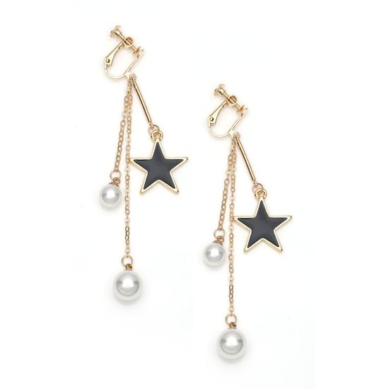 Double Chain Faux Pearl with Black Star Drop Clip-on Earrings