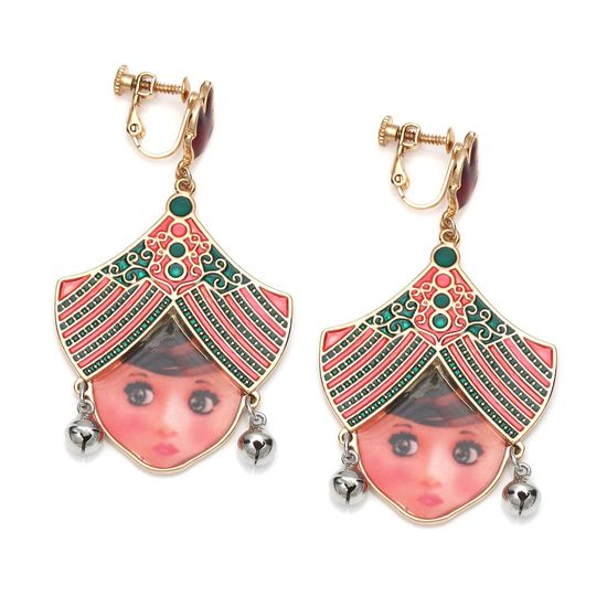 Enamel Tribal Girl with Bells Screw Back Clip-on Earrings