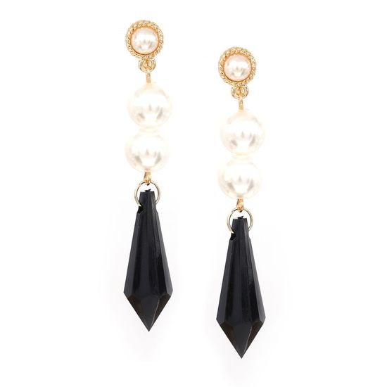 White Simulated Pearls With Black Spike Drop Clip-on Earrings
