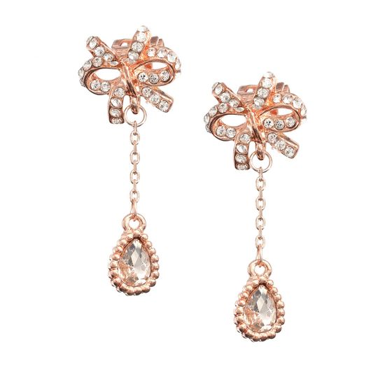 Rose Gold-plated CZ Teardrop with Diamante Bow Dangle Clip-on Earrings