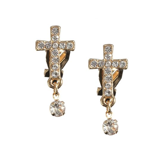 Gold-tone Diamante Cross with Cubic Zirconia Drop Clip On Earrings