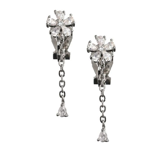 Silver-tone CZ Flower with Dangle Chain Drop Clip-on Earrings
