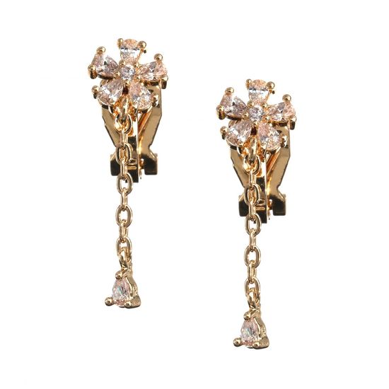 Gold-tone Cubic Zirconia Flower with Dangle Chain Drop Clip-on Earrings