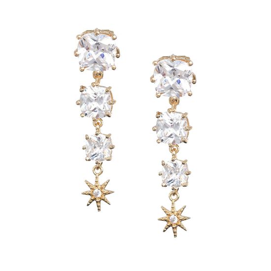 Gold-tone Cushion Cut Cascading Cubic Zirconia Drop Clip-on Earrings