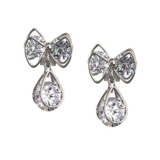 White Gold-plated CZ Crystal Bow Drop Clip-on Earrings