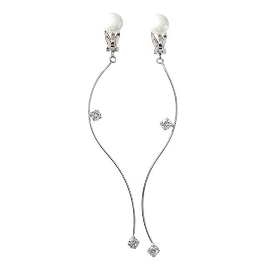 White Shell Pearl with Dangle CZ Crystal Drop Clip-on Earrings