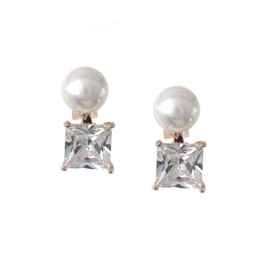 White Shell Pearl with Princess Cut CZ Crystal Gold-plated Clip-on Earrings
