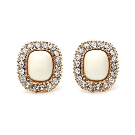 White Diamante Square Gold-tone Screw Back Clip-on Earrings