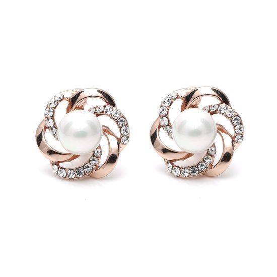 White Simulated Pearl with Crystal Flower Clip-on Earrings