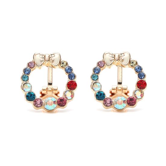 White Bow with Colourful Circle Crystal Clip On Earrings