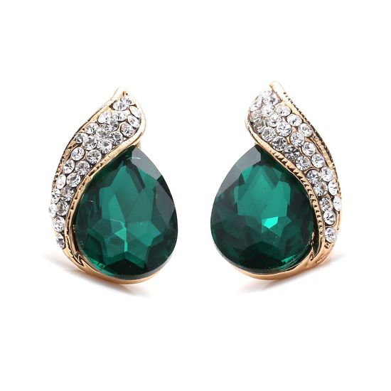 Green Crystal Diamante Teardrop Gold-tone Clip On Earrings