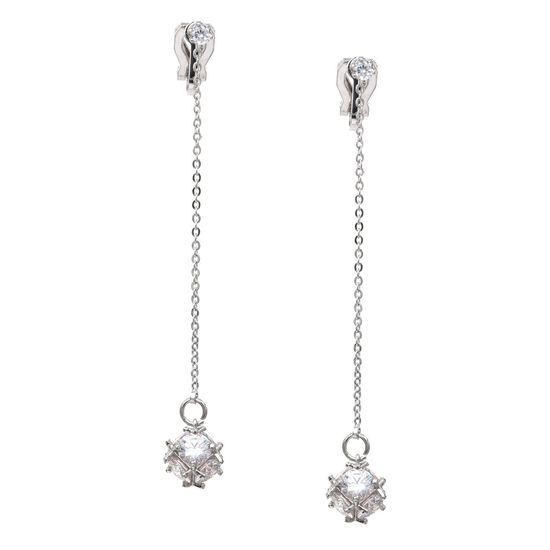 Round Cut Cubic Zirconia Dangle Chain Silver-tone Clip On Earrings