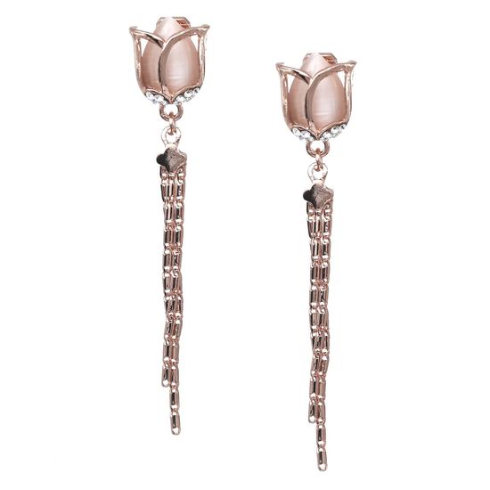 Simulated Cat Eye Tulip with Crystal Tassel Drop Clip On Earrings