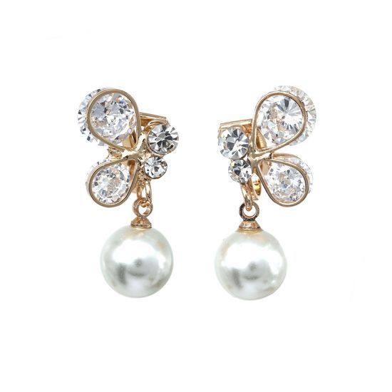 Cubic Zirconia Butterfly with Simulated Pearl Drop Clip On Earrings