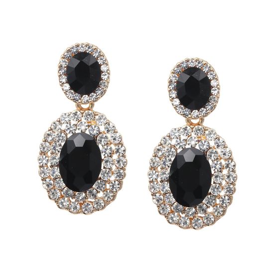 Black Crystal Diamante Oval Gold-tone Drop Clip On Earrings