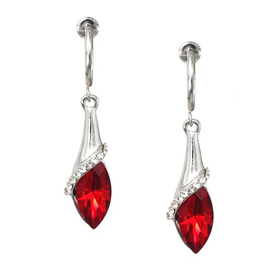 Red Teardrop Crystal Silver-tone Drop Hoop Clip...