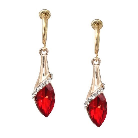 Red Teardrop Crystal Gold-tone Drop Hoop Clip On Earrings