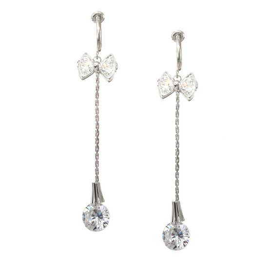 Cubic Zirconia Bow with Silver-tone Dangle Chain Drop Hoop Clip On Earrings