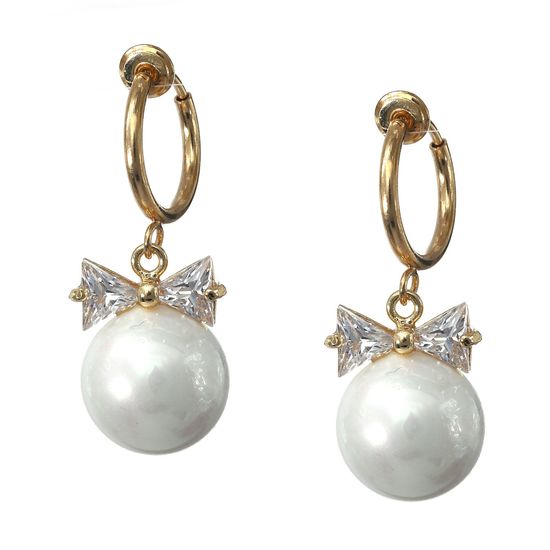 Cubic Zirconia Bow with Simulated Pearl Drop Hoop Clip On Earrings