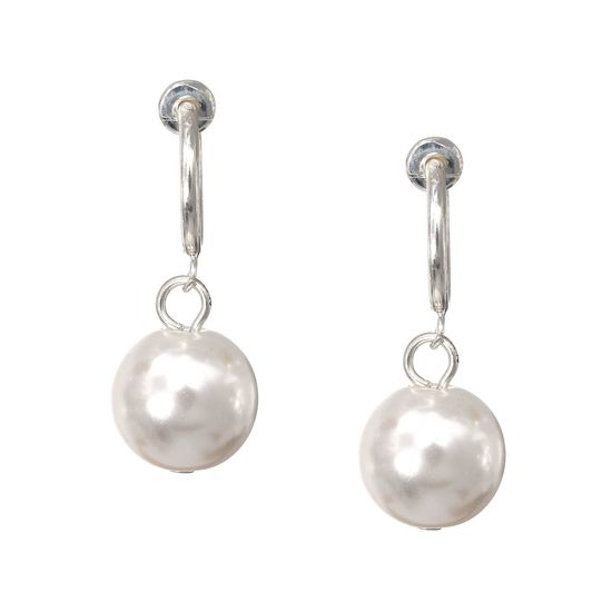 White Simulated Pearl Silver-tone Drop Hoop Clip On Earrings
