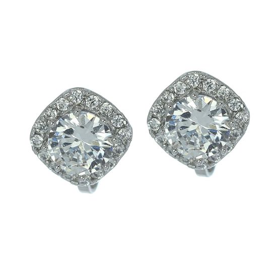 White Gold-plated Diamond-shaped Round Cut Cubic Zirconia Halo Clip-on Earrings