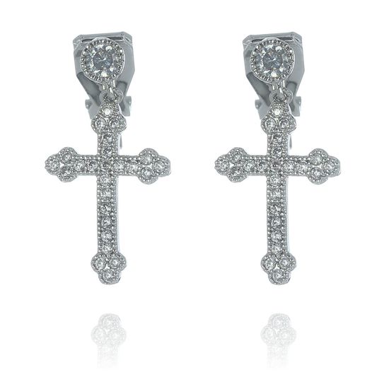 White Gold-plated Cubic Zirconia Cross Clip-on Earrings